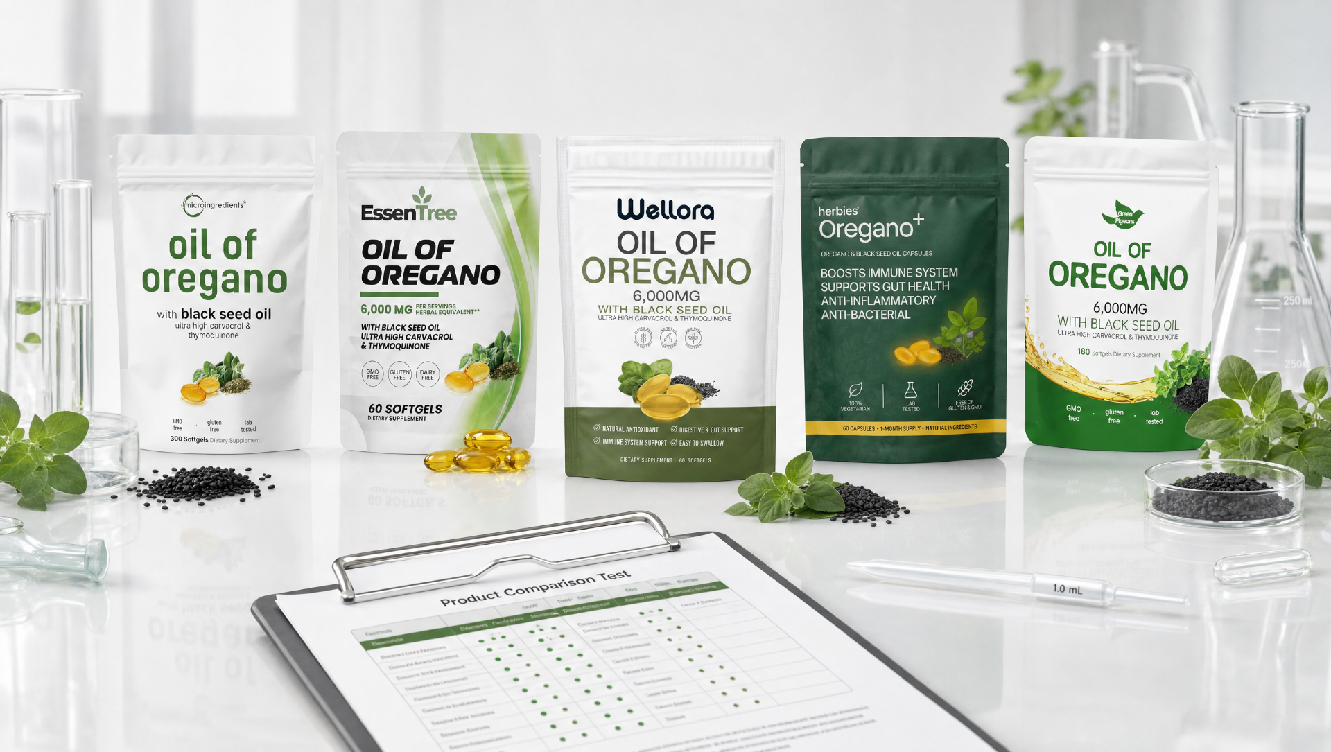 Five oil of oregano supplement pouches lined up on a lab table for independent testing
