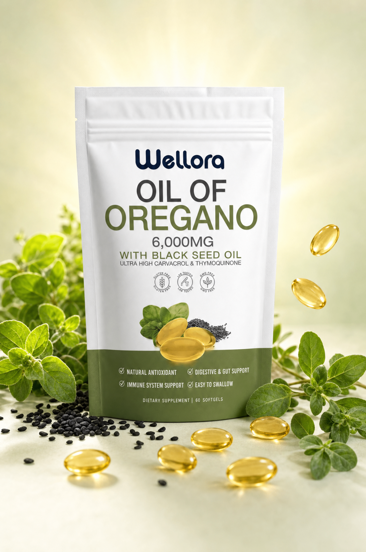 Wellora Oil of Oregano + Black Seed Oil Softgels pouch